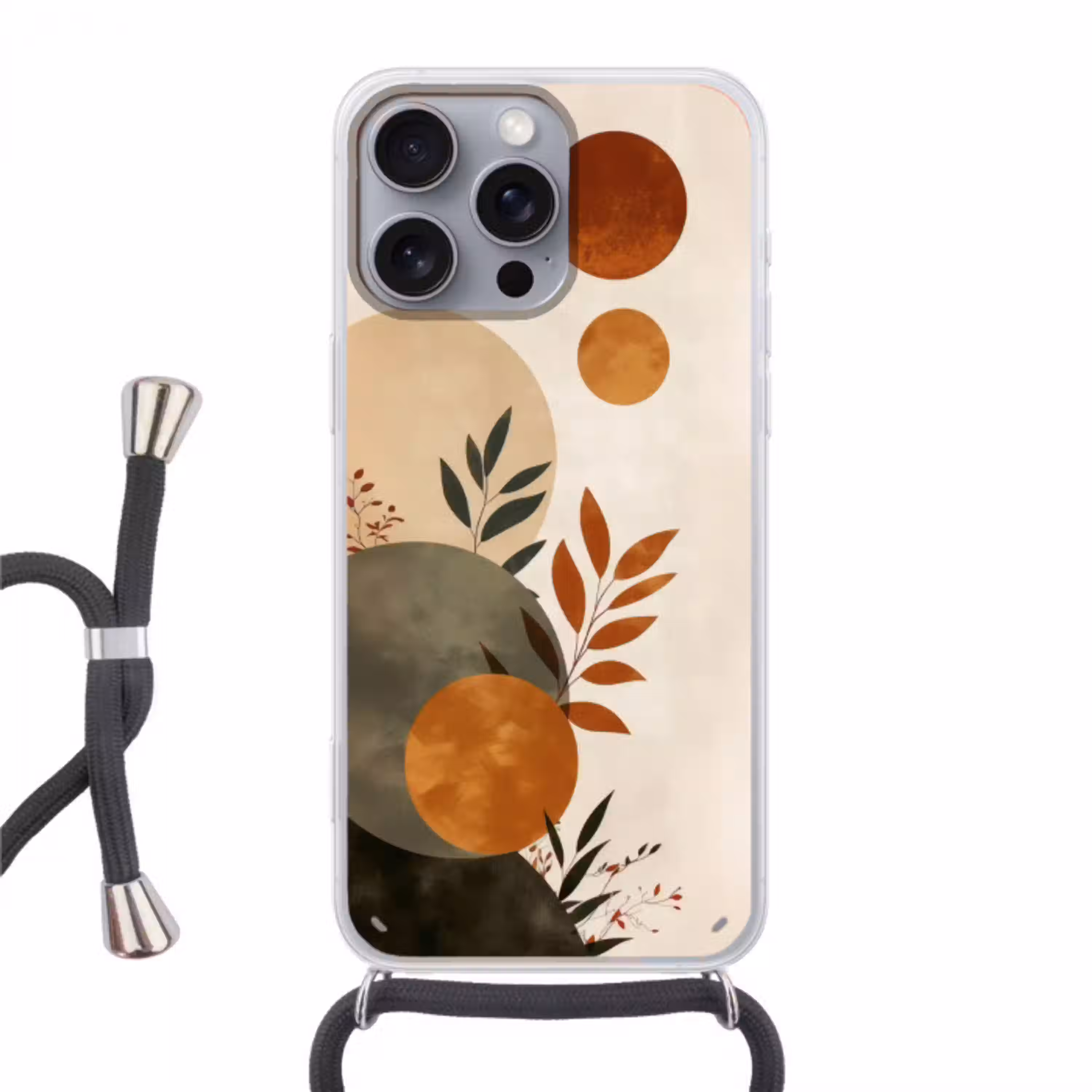 Vormen - Rond - Bladeren - Beige Hoesje iPhone 16 Pro Max met koord klein -3d