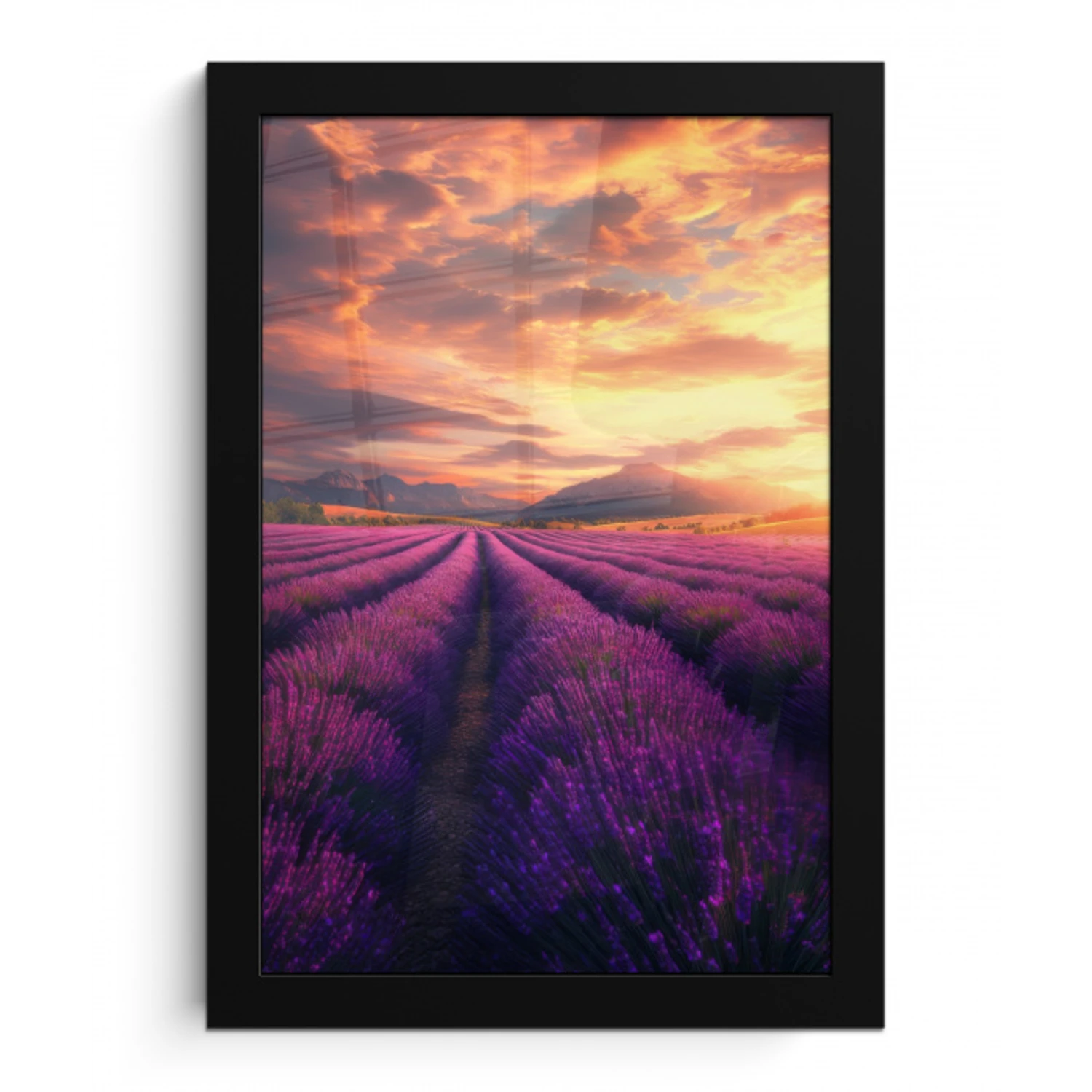 Lavendelveld - Zonsondergang - Paars fotolijst zwart zonder passe partout klein -3d
