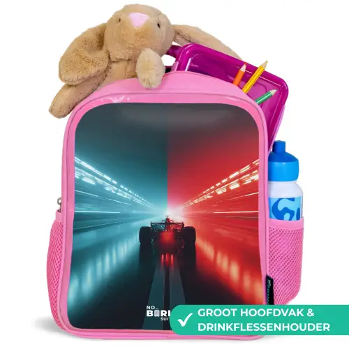 Baan - Raceauto - Neon - Rood Kinderrugzak - Roze middel -inhoud_NL