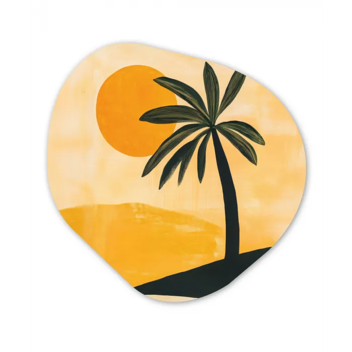Illustratie - Palmboom - Zon - Heuvels Wandcirkel Organisch Forex 3mm klein -3d