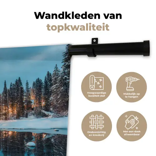 Winterlandschap - Natuur - Huis - Bergen - Sneeuw Wandkleed katoen klein -sfeer2
