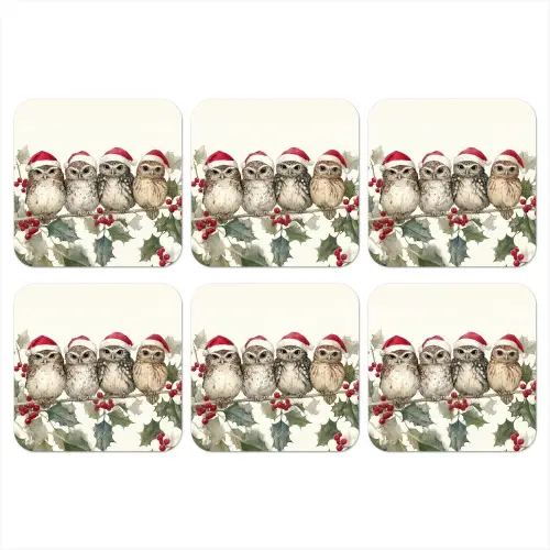 Uilen - Tak - Hulstblaadjes - Kerstmuts onderzetter kurk middel -3d
