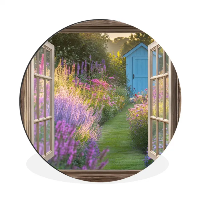 Doorkijk - Bloemen - Raam - Natuur Wandcirkel aluminium klein -3d