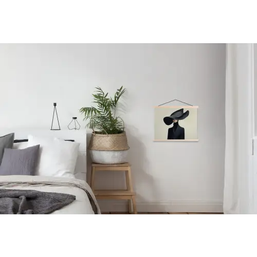 Zwart - Vrouw - Hoed textielposter latten blank klein -woonkamer
