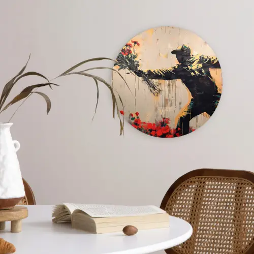 Street art - Man - Bloemen - Rood - Graffiti - Banksy Wandcirkel kunststof plaat 5mm dik klein -sfeer4