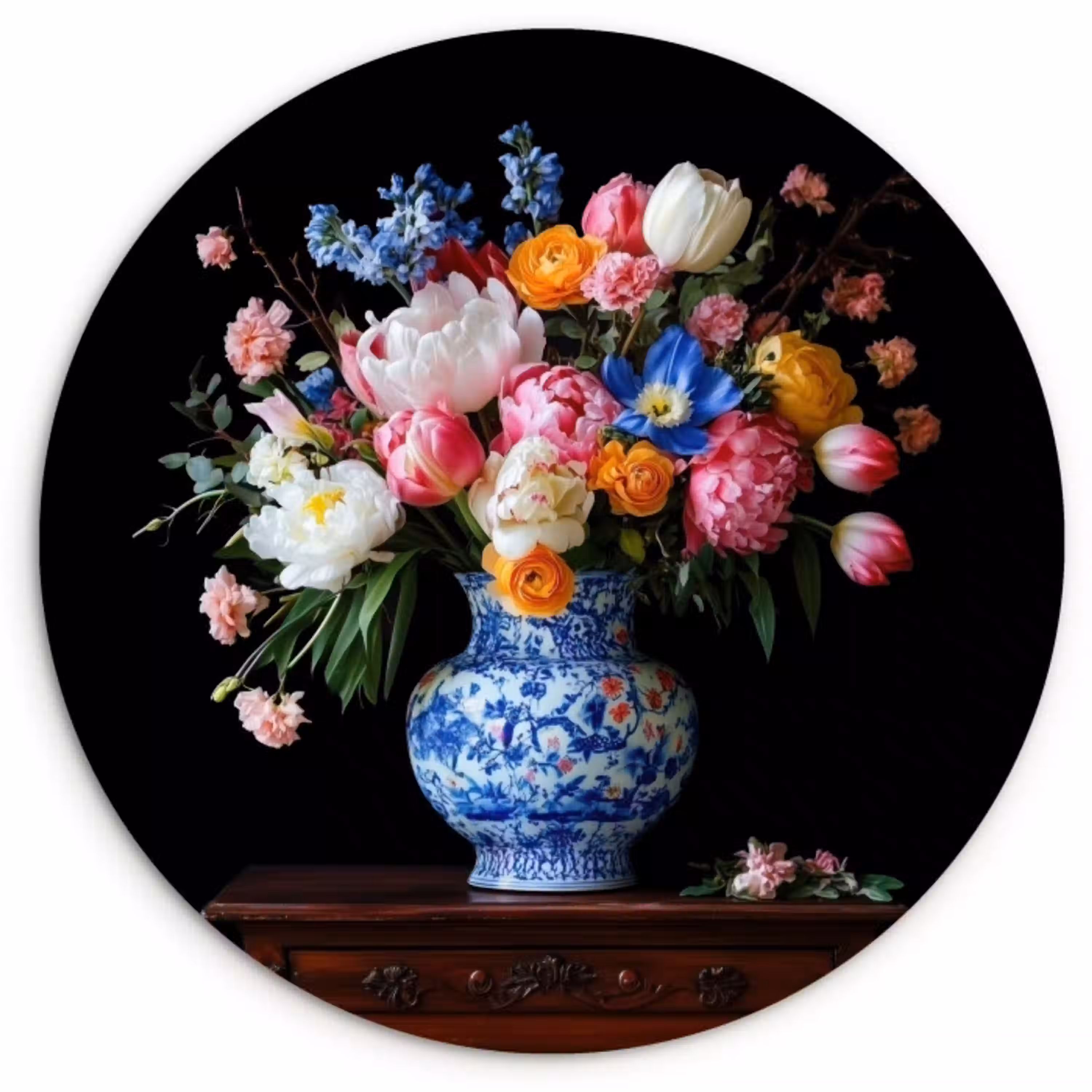 Rozen - Bloemen - Vaas - Boeket Wandcirkel kunststof plaat 5mm dik klein -3d