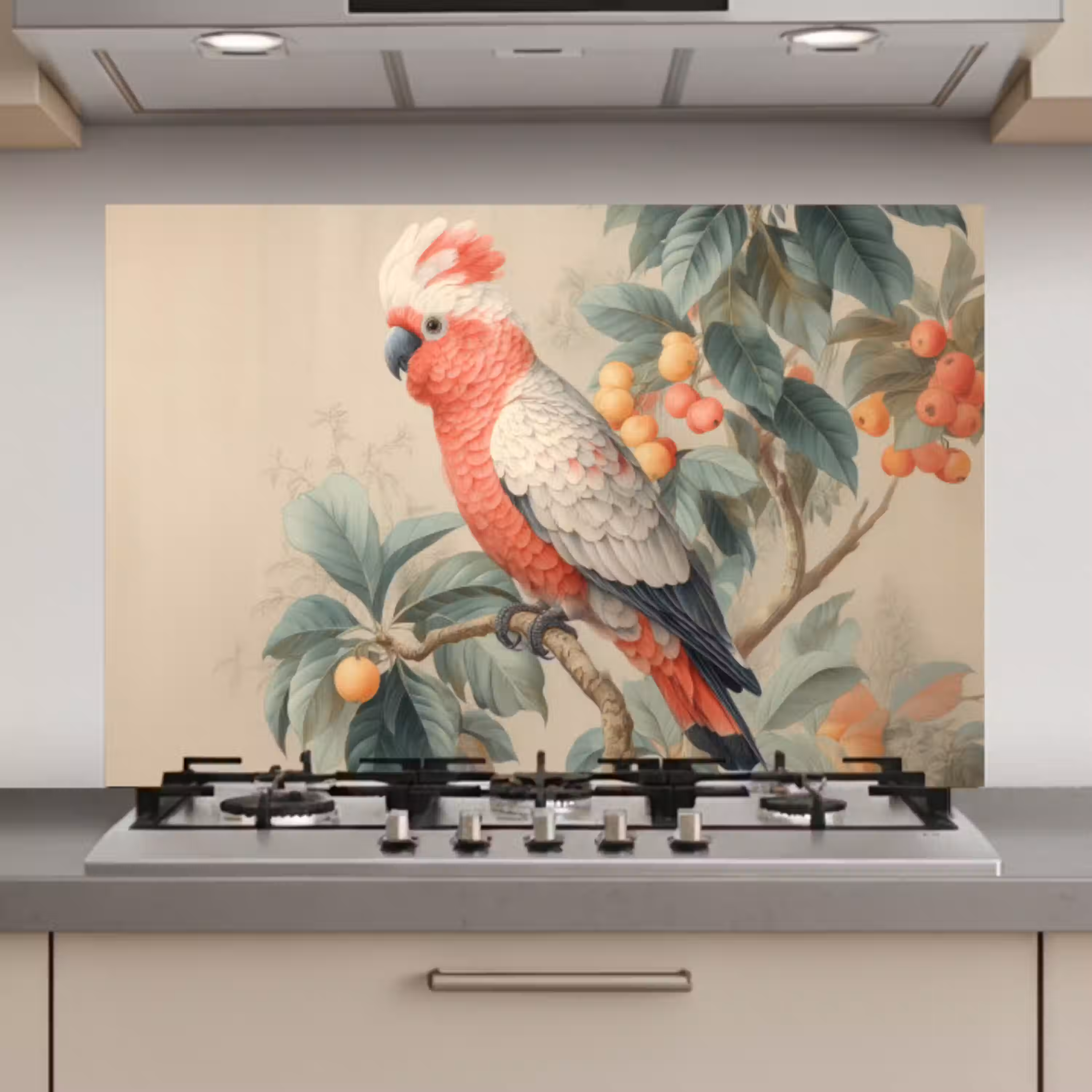 Roze kuifkaketoe - Tak met vruchten - Bladeren keuken achterwand spatscherm klein -3d_website