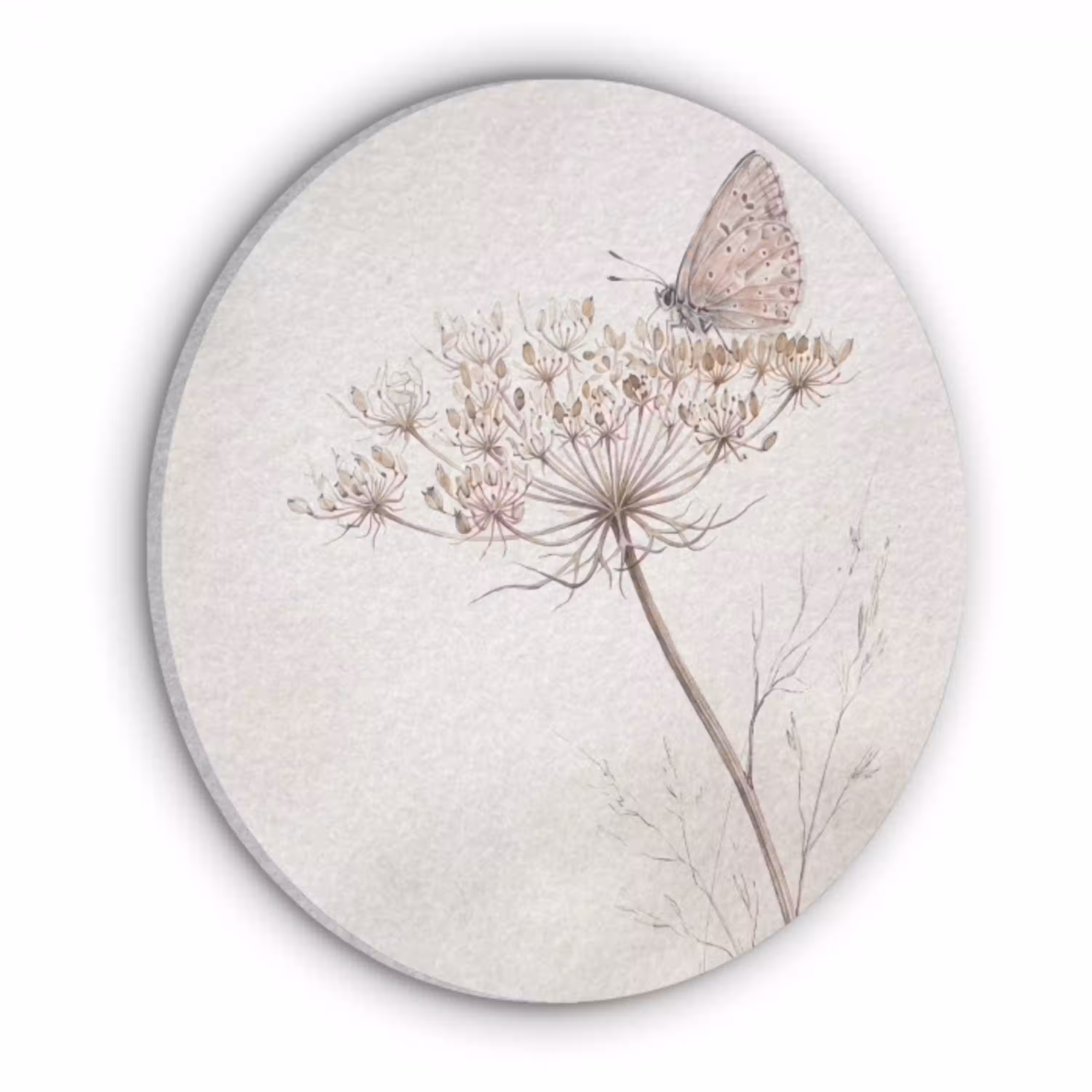 Vlinder - Bloem -Natuur - Beige Akoestische PET Vilt - Rond klein -3d