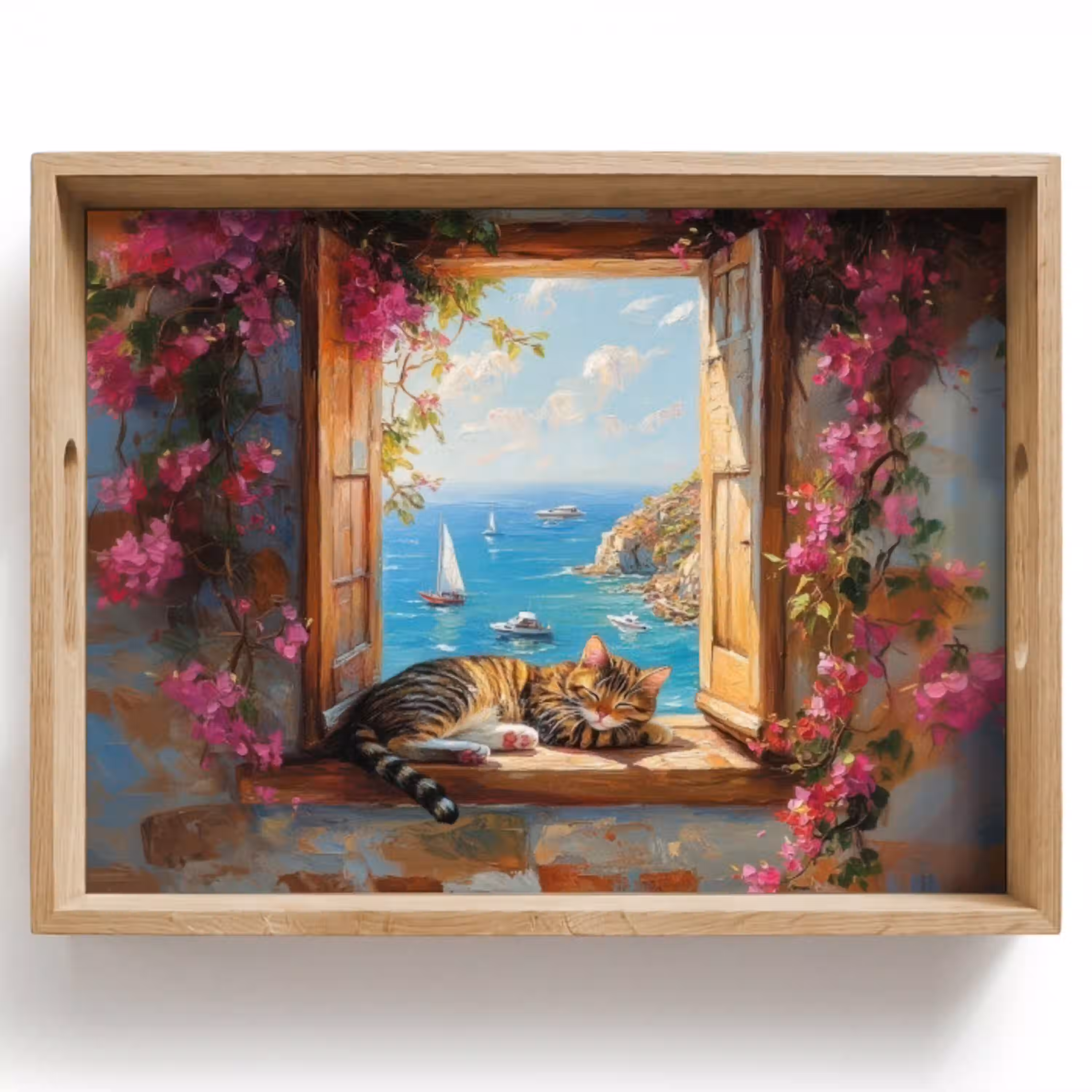 Kat - Blauwe zee - Roze bloemen Dienblad Rechthoek middel -z3d_shopping