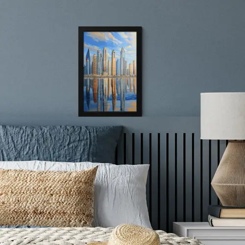 Skyline - Wolkenkrabbers - Water - Blauw fotolijst zwart zonder passe partout klein -sfeer3