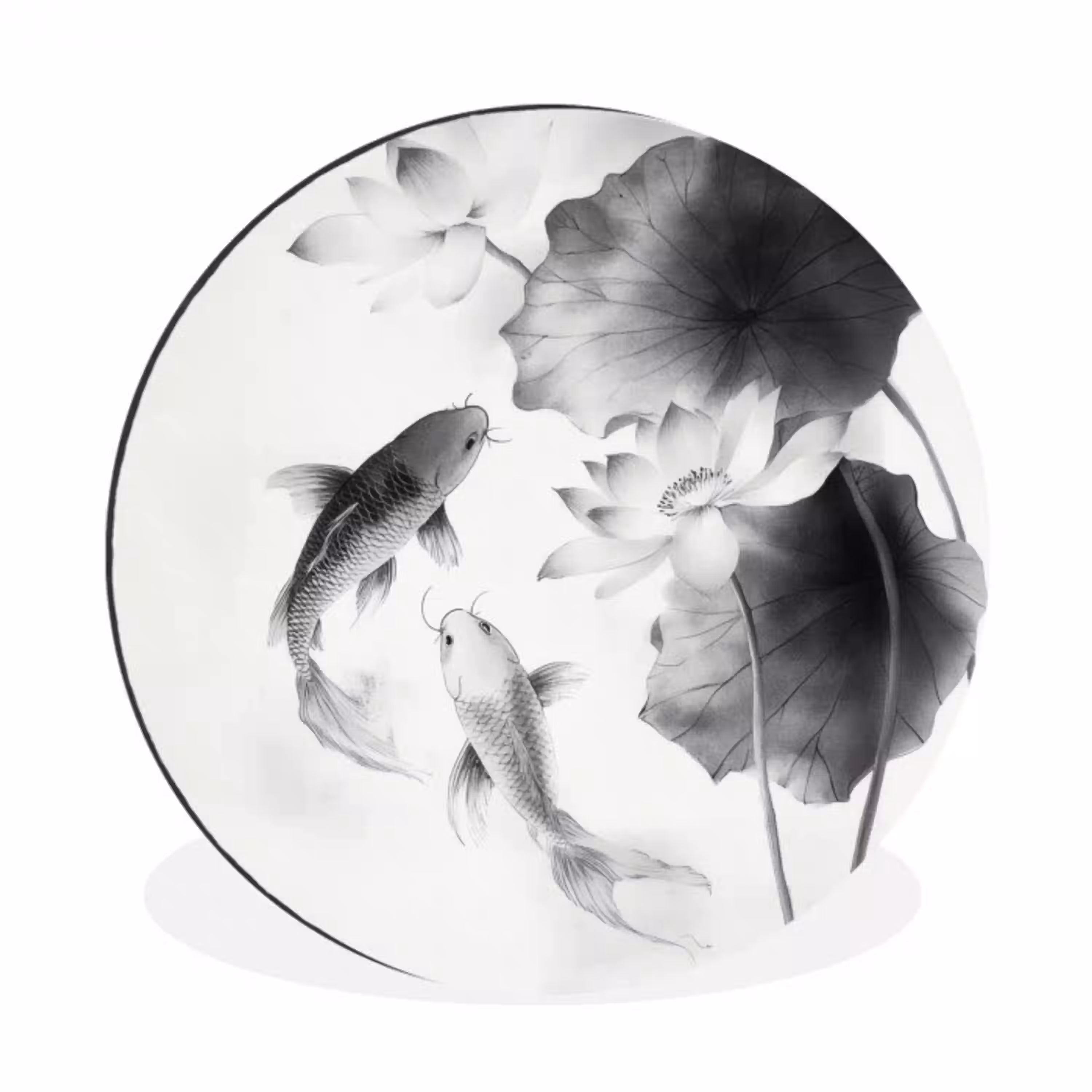 Lotusbloemen - Vissen - Bladeren - Zwart Wandcirkel aluminium klein -3d