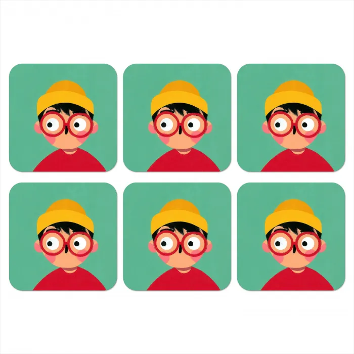 Jongen - Cartoon - Bril - Muts onderzetter kurk middel -3d
