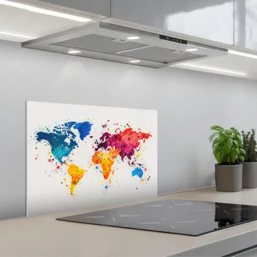 Wereldkaart - Graffiti - Kleurrijk keuken achterwand spatscherm klein -3d_schuin