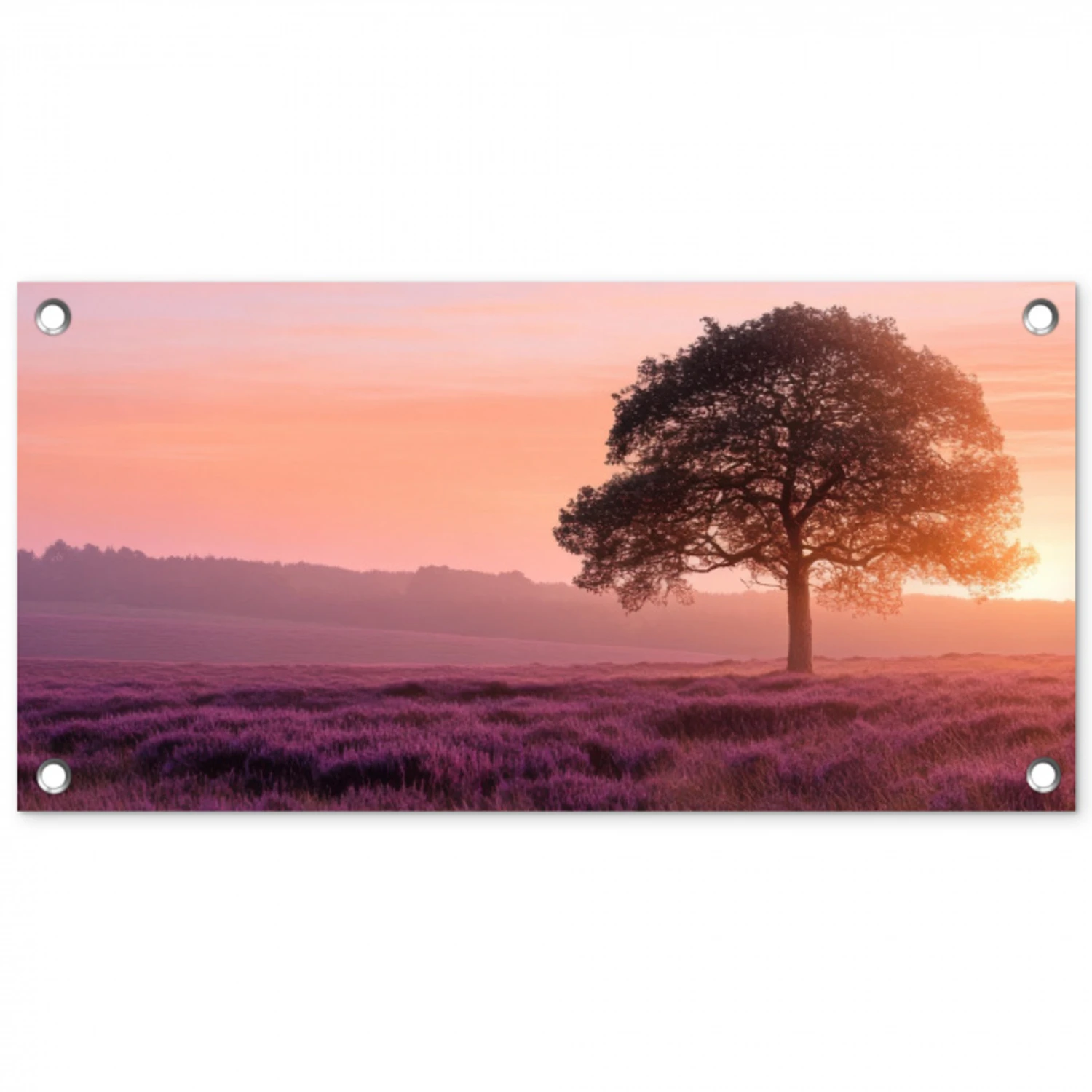 Boom - Heide - Zonsopgang tuinposter los doek klein -3d