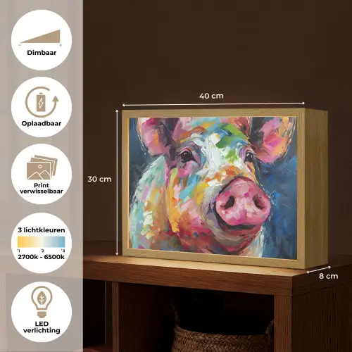 Varken - Olieverf - Dieren - Kunst Light Box met batterij (Wandlamp) middel -USP_websiteoverzichtNL