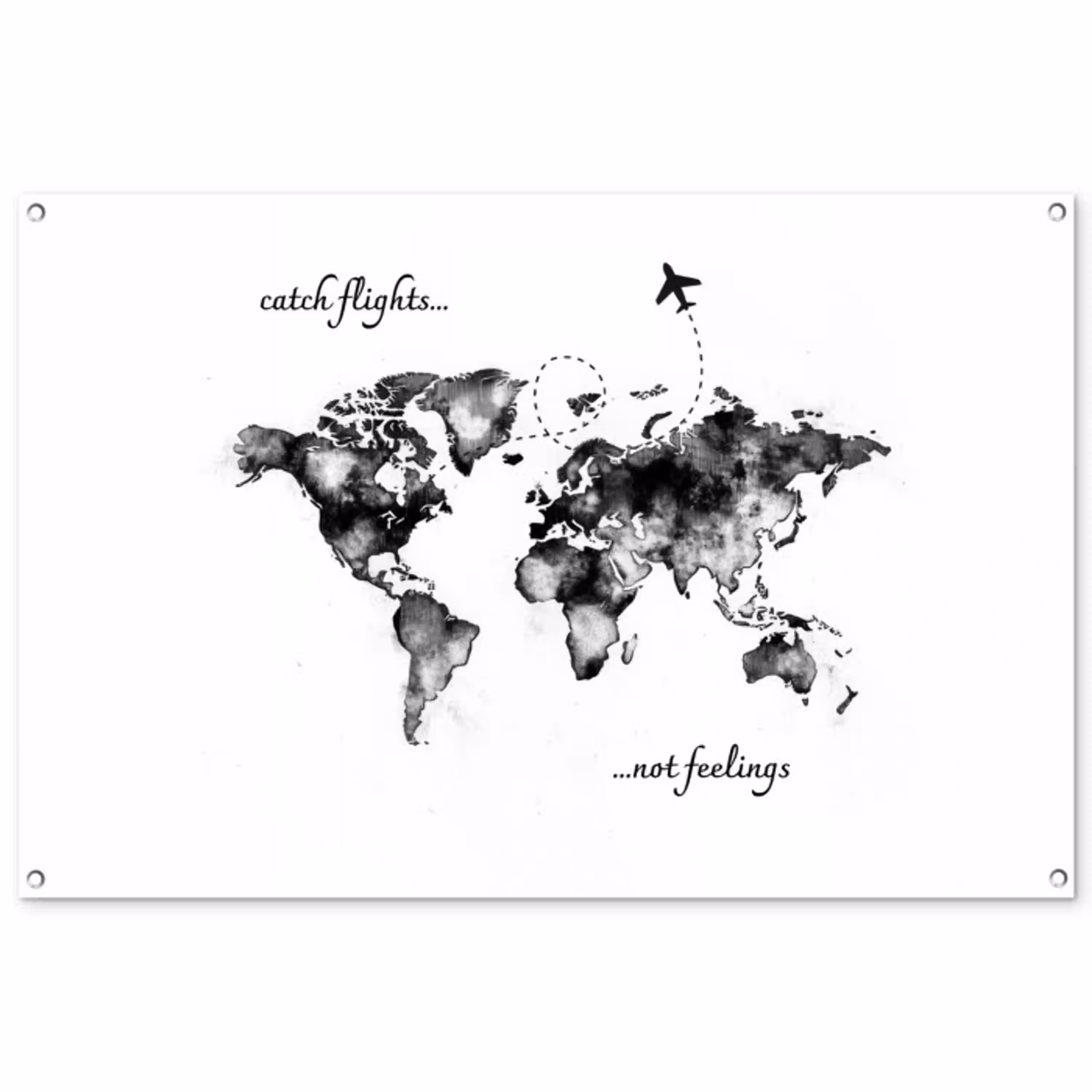 Zwart - Quote - Wereldkaart - Vliegen tuinposter los doek groot -3d