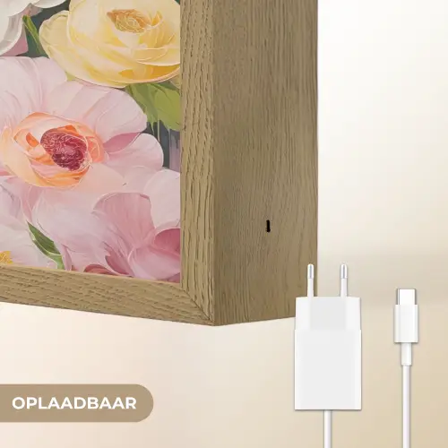 Bloemen - Roze - Botanisch - Kunst - Acrylverf Light Box met batterij (Wandlamp) middel -USP_websiteoplaadbaarNL