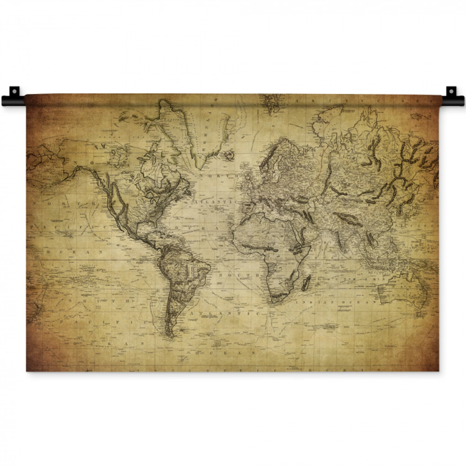 Wereldkaart - Vintage - Antiek - Bruin - Papier Wandkleed katoen klein -zz3d