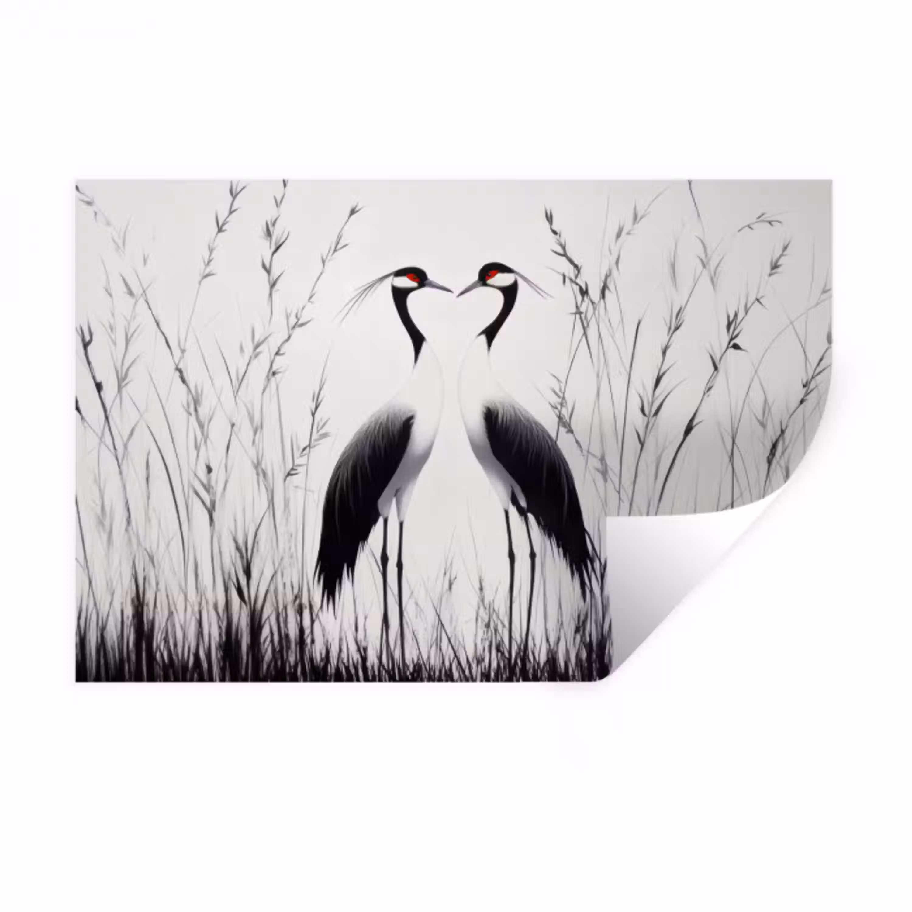 Kraanvogels - Gras - Hartvorm - Zwart Muursticker klein -3d