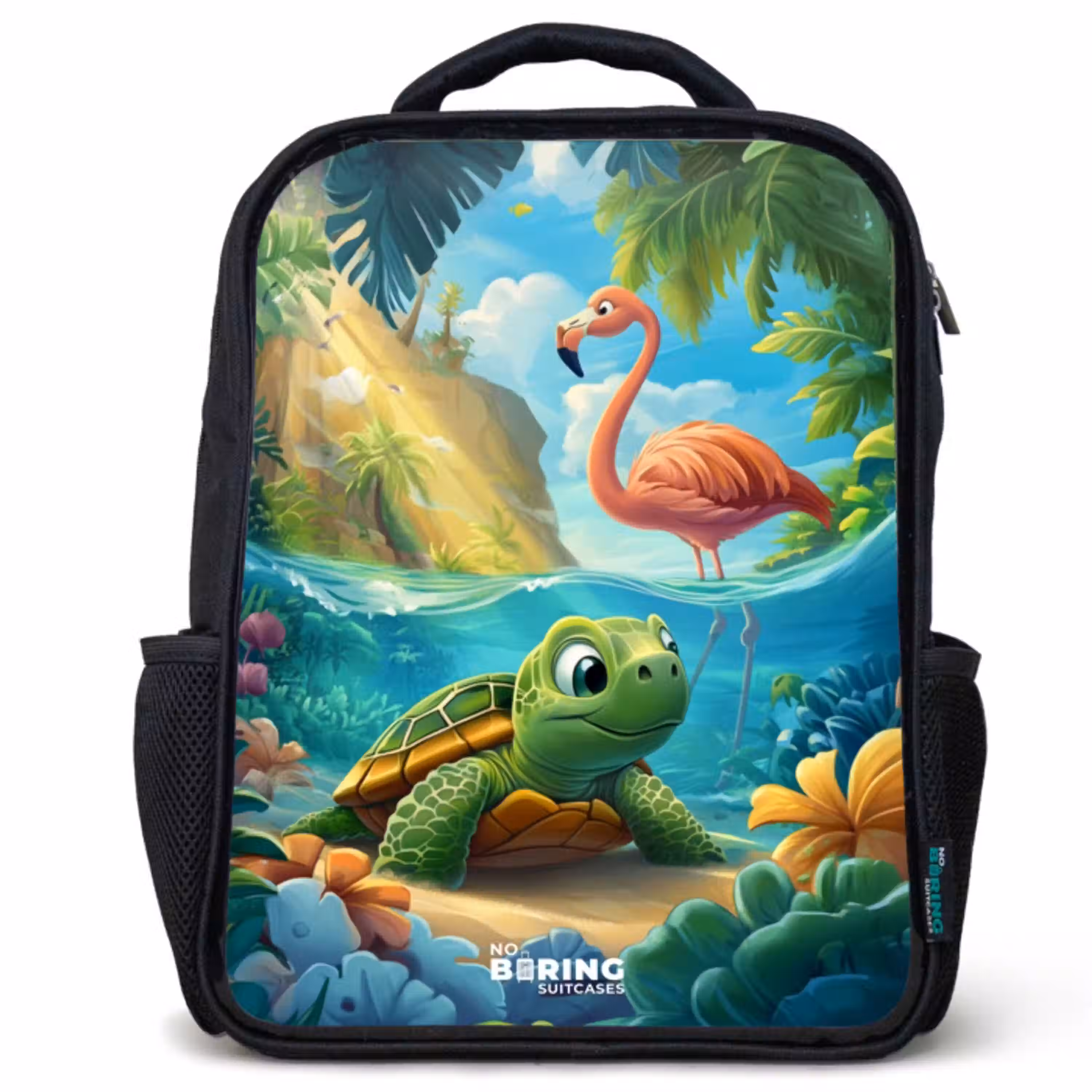 Schildpad in tropisch water met flamingo Rugzak - Zwart middel -3d