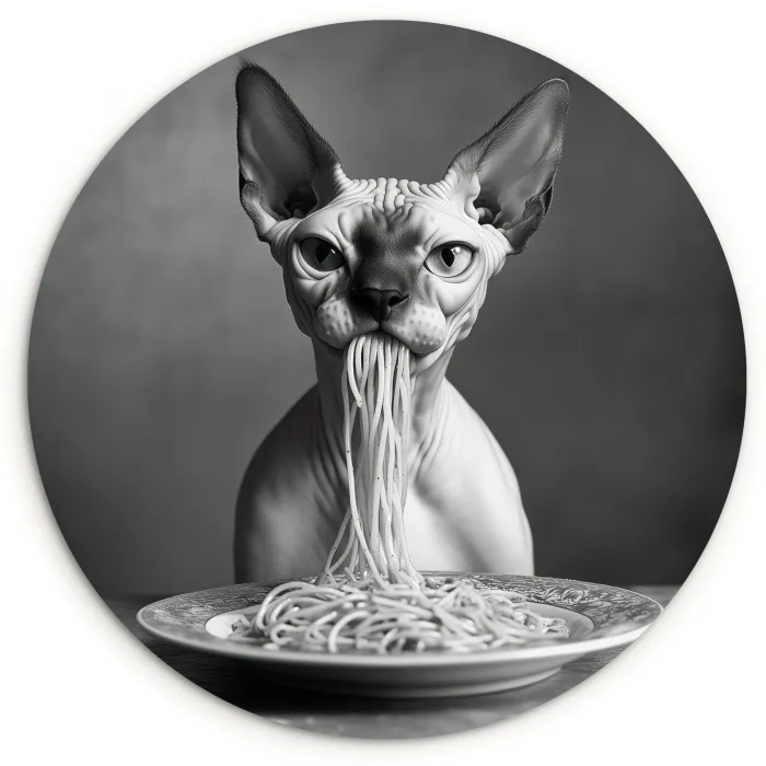 Sphynx - Kat - Dieren - Humor - Spaghetti - Zwart Wit Wandcirkel plexiglas klein -3d