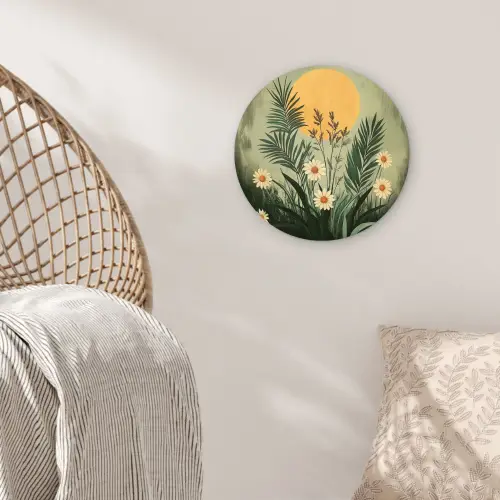 Bloemen - Bladeren - Zon - Groen Wandcirkel kunststof plaat 5mm dik klein -sfeer5