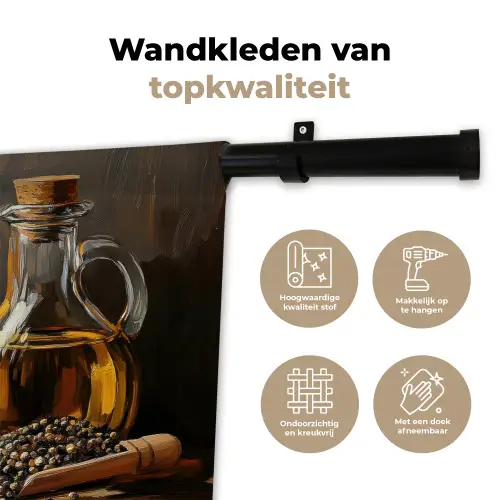 Stilleven - Olijfolie - Knoflook - Kruiden Wandkleed katoen klein -sfeer2