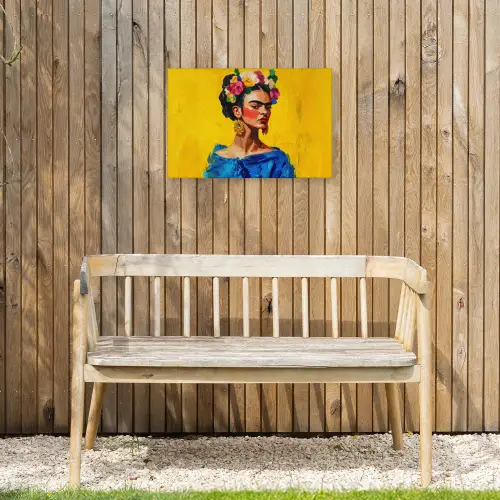 Frida Kahlo - Vrouw - Geel - Blauw - Bloemen Tuinposter op houten frame 2 cm dik klein -sfeer4