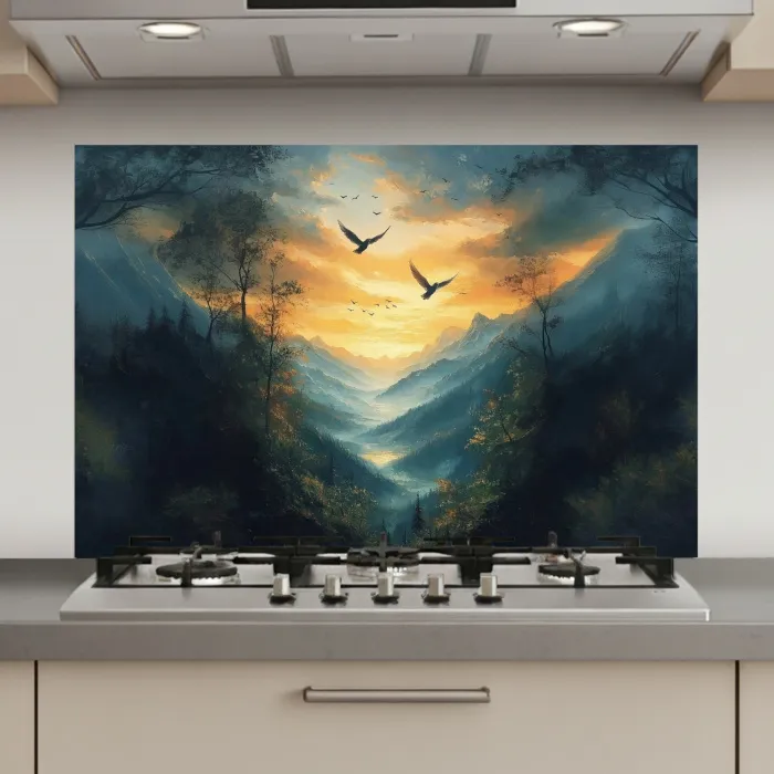 Vogels - Zon - Bomen - Groen keuken achterwand spatscherm klein -3d_website