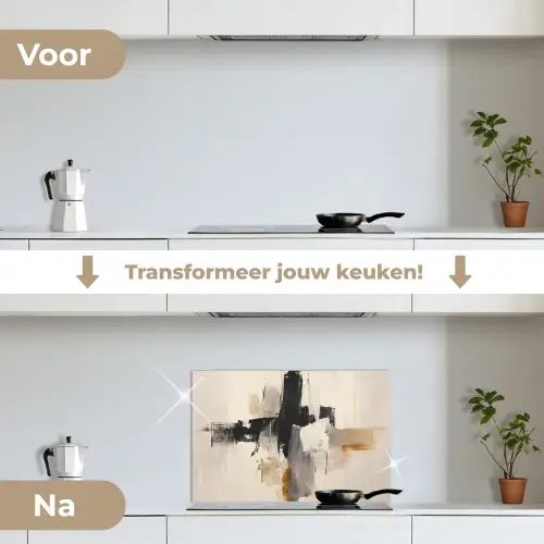 Penseelstreken - Ruw - Abstract - Beige keuken achterwand spatscherm klein -voor_na_NL