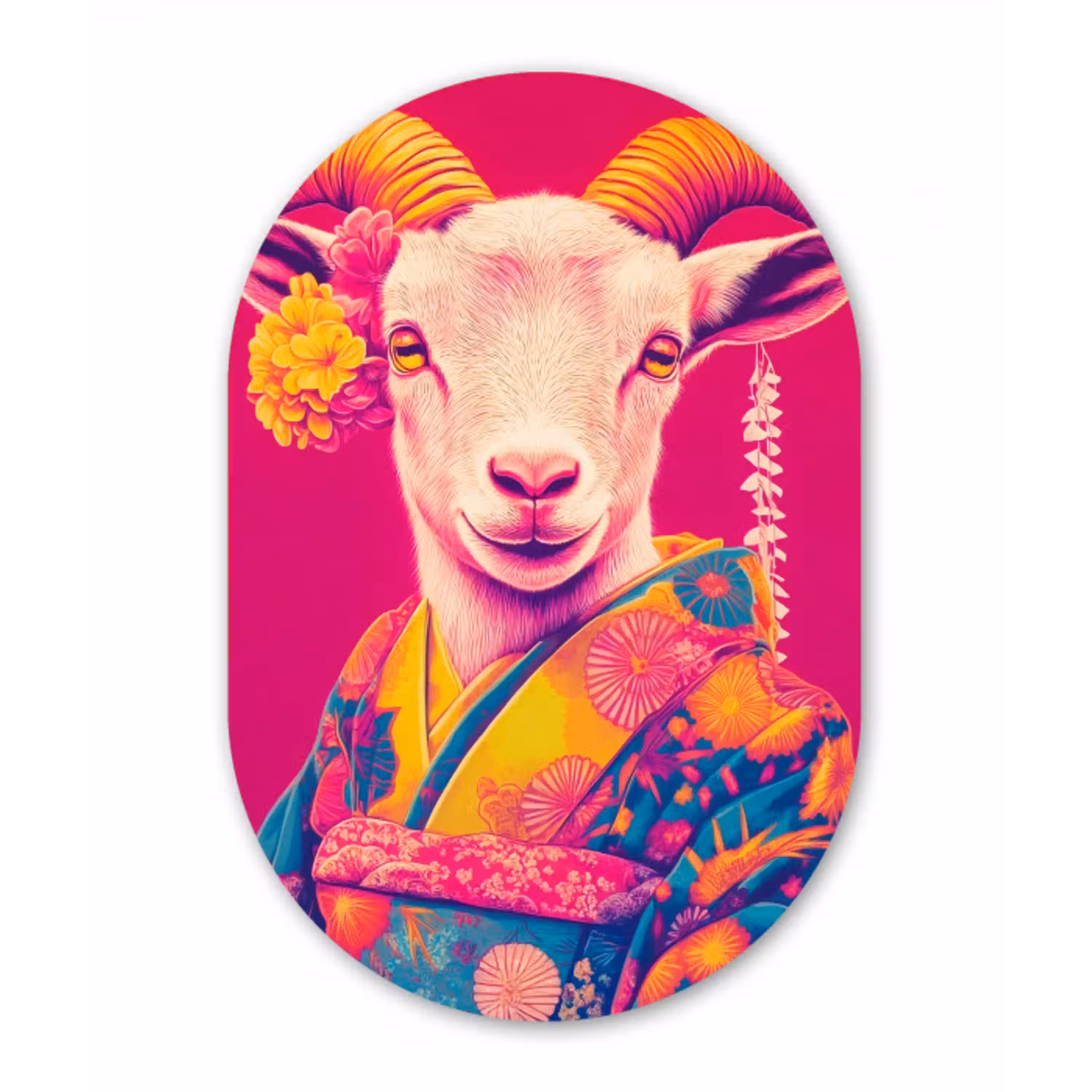 Geit - Hoorns - Kimono - Kleurrijk Wandcirkel Ovaal Aluminium middel -3d