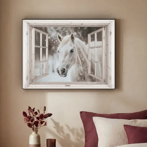 Paard - Wit - Winter - Sneeuw - Doorkijk - Dieren Textielframe zwart klein -sfeer1