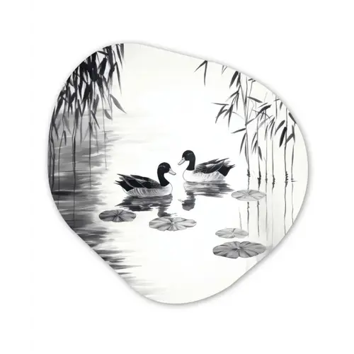 Eenden - Waterlelies - Riet - Zwart Wandcirkel Organisch Aluminium middel -3d