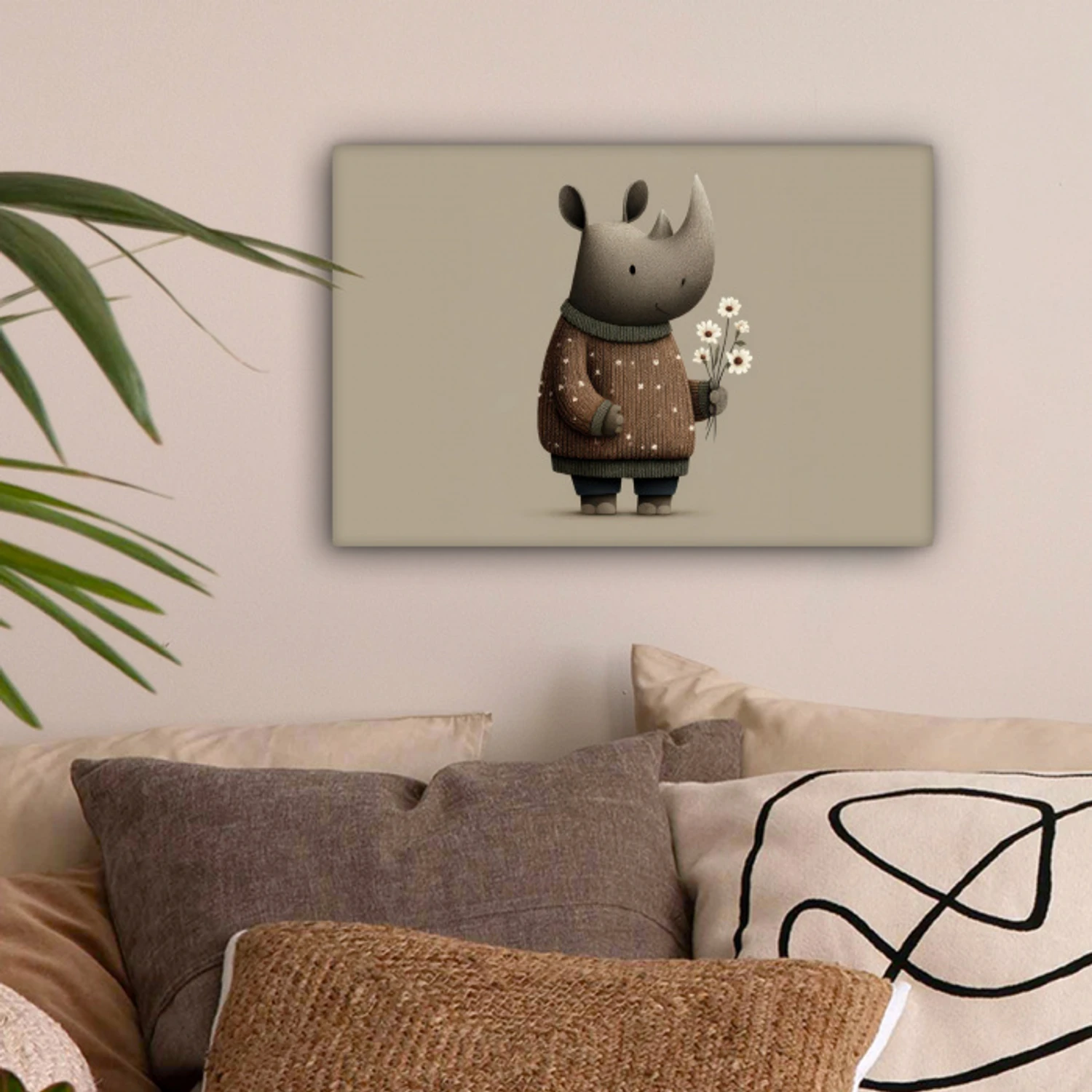 Neushoorn - Witte bloemen - Lief canvas 2cm klein -sfeer1