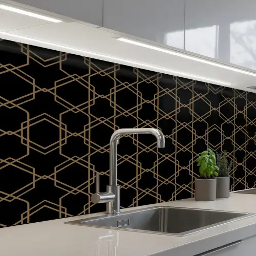 Verweven - Zeshoeken - Zwart - Goud keuken achterwand 2 middel 871 -3d_schuin