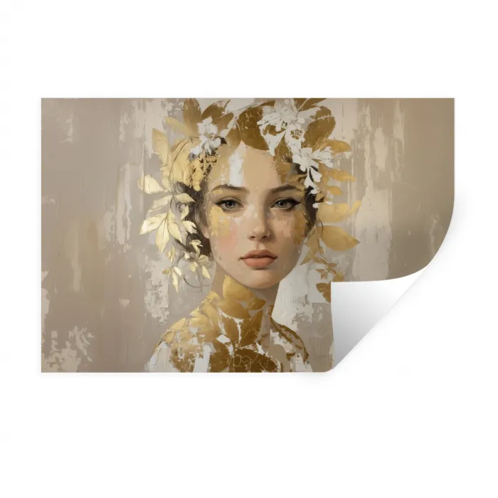 Gezicht - Vrouw - Bladeren - Goud Muursticker klein -3d