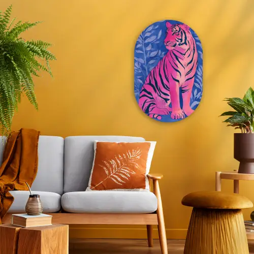 Tijger - Roze - Bladeren - Jungle Wandcirkel Ovaal Forex klein -sfeer4