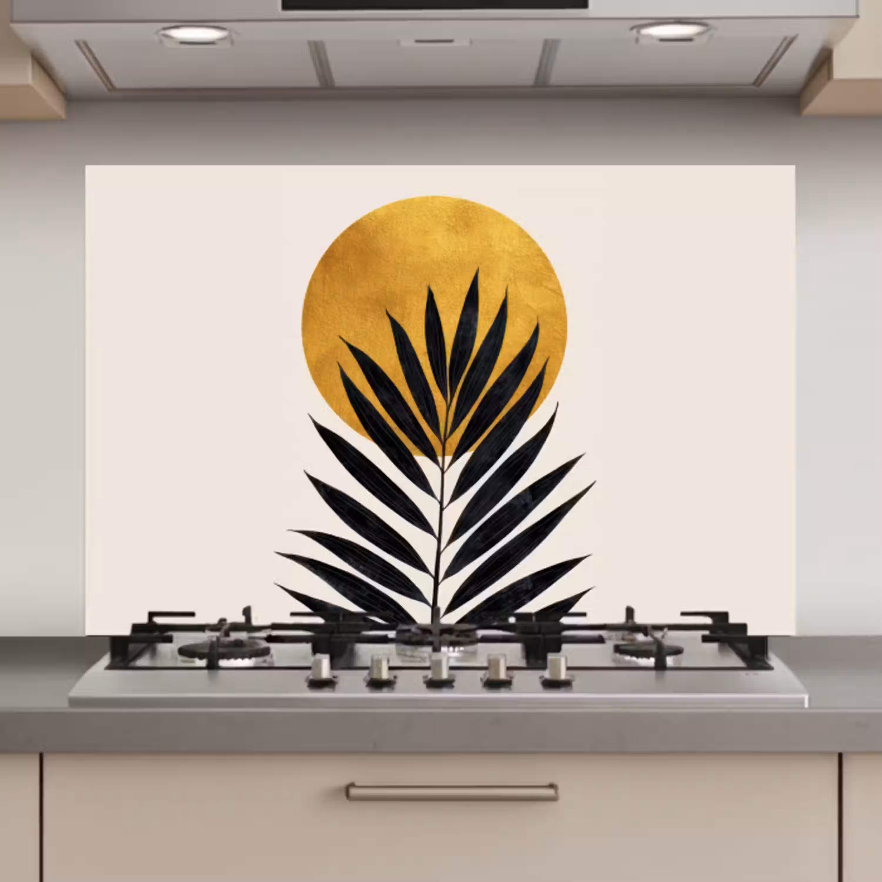 Zwart palmblad - Gouden cirkel - Beige achtergrond keuken achterwand spatscherm klein -3d_website