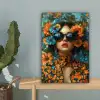 Vrouw - Bloemen - Oranje - Blauw - Modern canvas 2cm klein -sfeer4