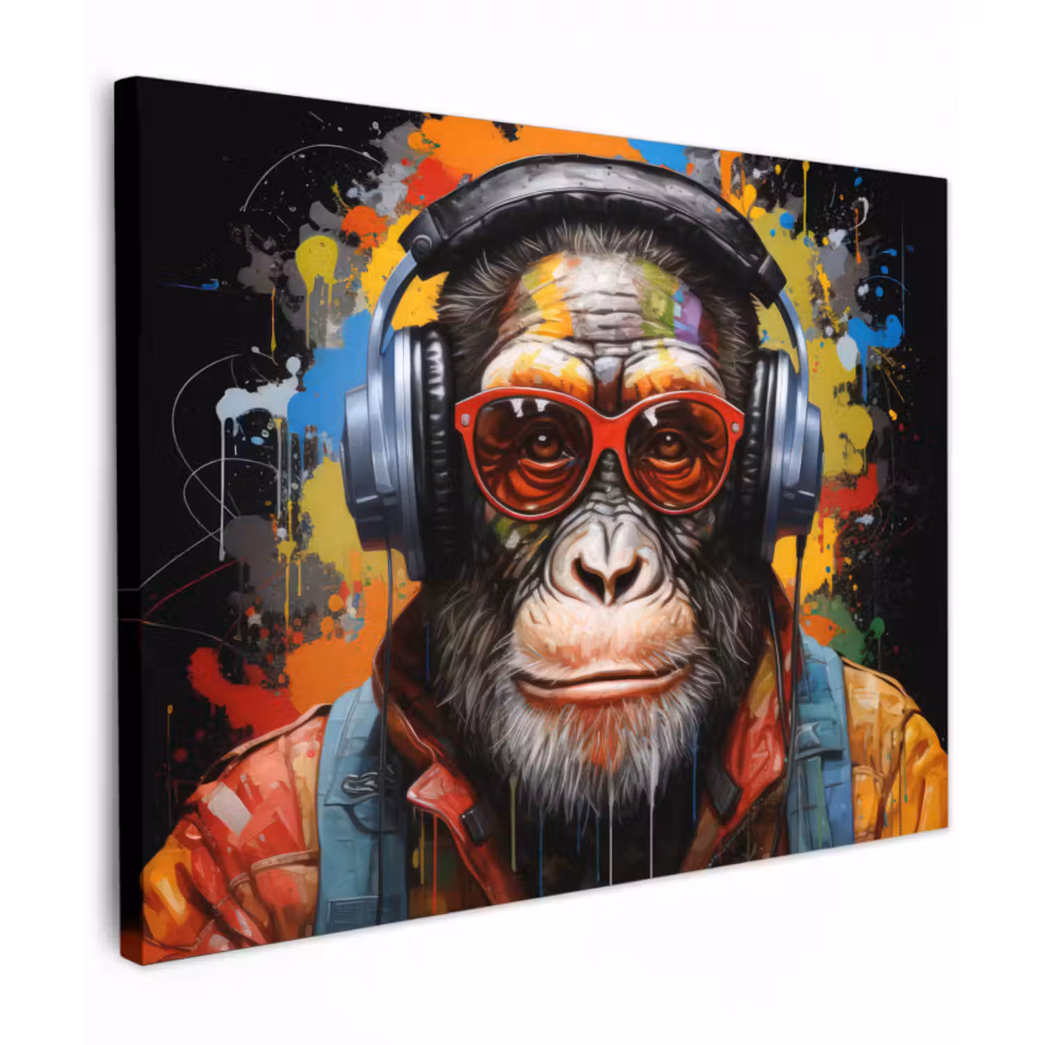 Leinwandbild - Schimpanse - Affe - Tiere - Graffiti - Brillen - Kopfhörer - Farben