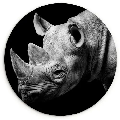 Dieren - Neushoorn - Zwart - Wit - Portret Wandcirkel kunststof plaat 5mm dik klein -3d