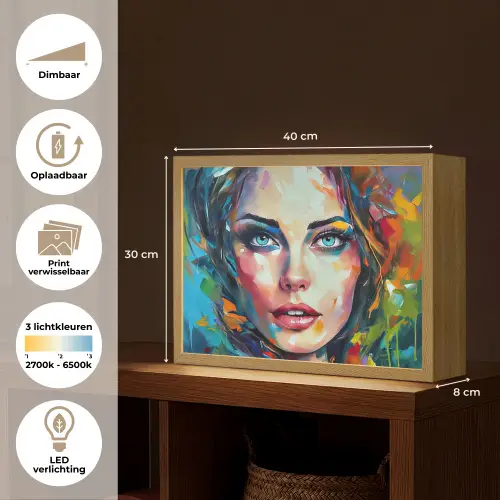 Gezicht - Vrouw - Olieverf - Kleurrijk - Kunst Light Box met batterij (Wandlamp) middel -USP_websiteoverzichtNL