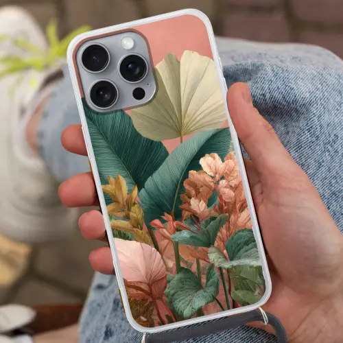 Tropische bladeren - Bloemen - Roze - groen Hoesje iPhone 16 Pro Max met koord klein -sfeer3
