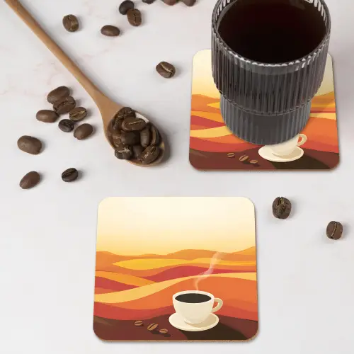 Koffie - Landschap - Oranje - Koffiebonen onderzetter kurk middel -sfeer2