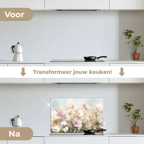Bloemenveld - Lichte tinten - Geschilderd keuken achterwand spatscherm klein -voor_na_NL
