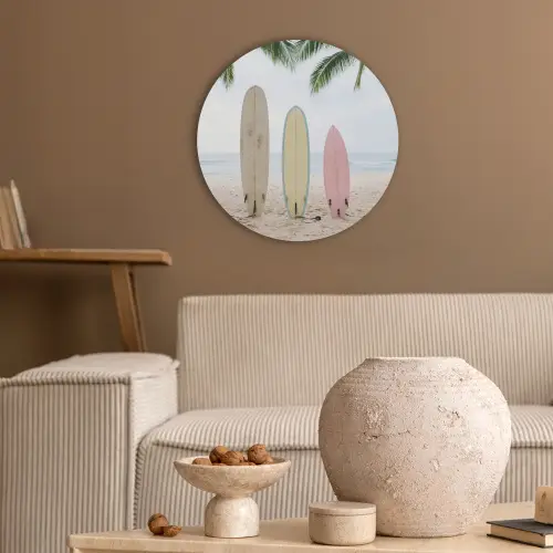 Surfboard - Palmbomen - Kleurrijk Akoestische PET Vilt - Rond klein -sfeer1