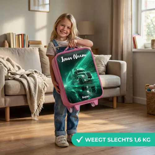 Vrachtwagen - Stad - Groen - Neon Kinderkoffer - Roze klein -sfeer2_NL