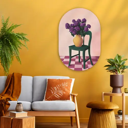 Stoel - Vaas - Bloemen - Geblokt Wandcirkel Ovaal Glas middel -sfeer4