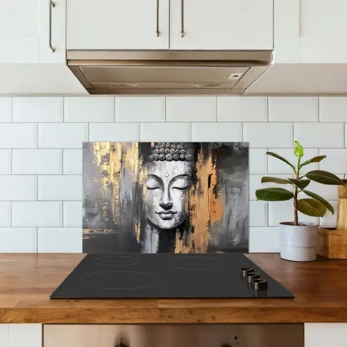 Boedhha - Penseelstreken - Goud - Abstract keuken achterwand spatscherm klein -sfeer2