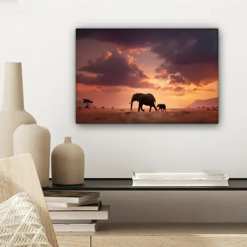 Olifanten - Grasland - Zonsondergang canvas 2cm klein -sfeer6